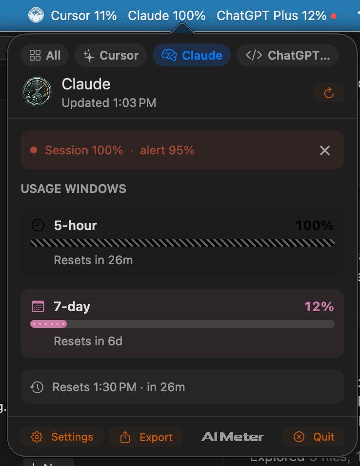 AI Meter Claude usage popover