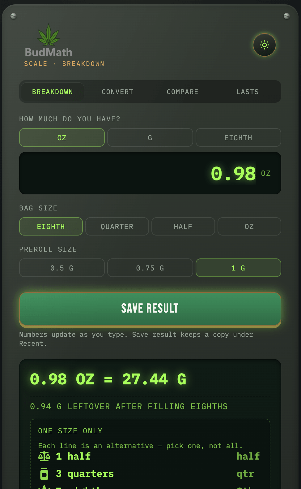 BudMath breakdown calculator in dark appearance