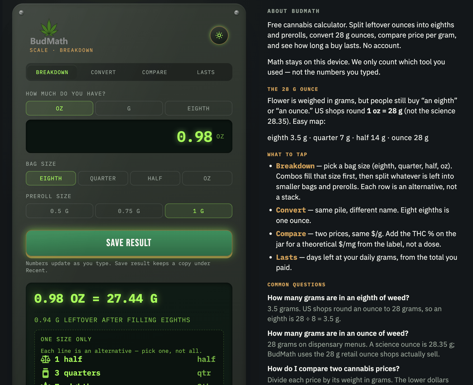 BudMath home screen in dark appearance