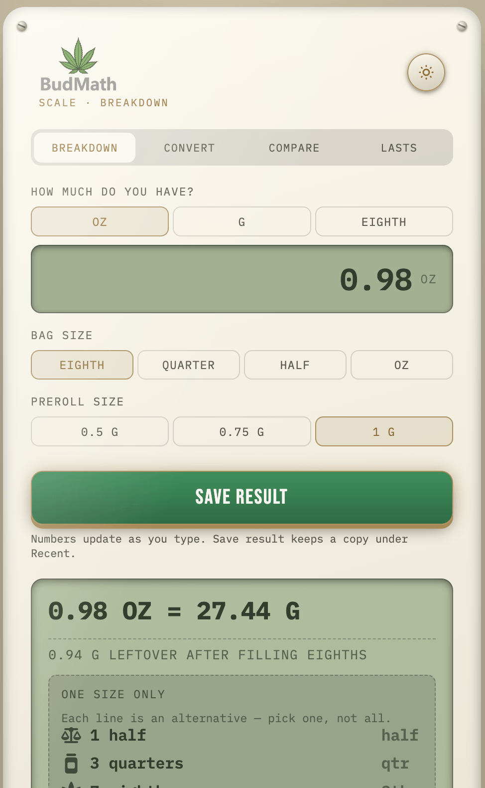BudMath breakdown calculator in light appearance