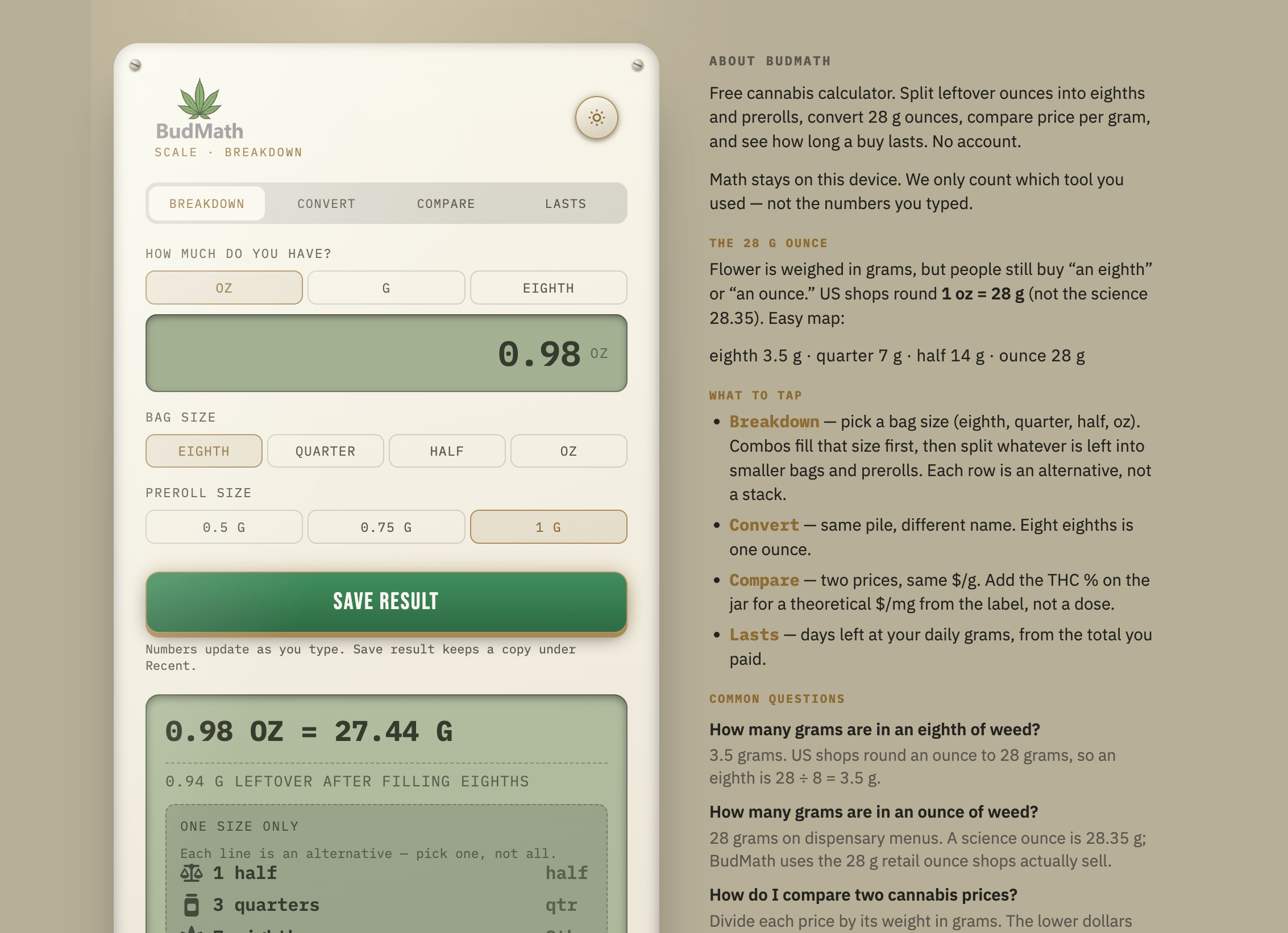 BudMath home screen in light appearance