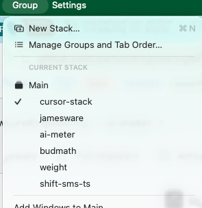 CursorStack menu bar picker showing the current stack