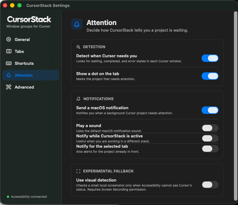 CursorStack Attention settings