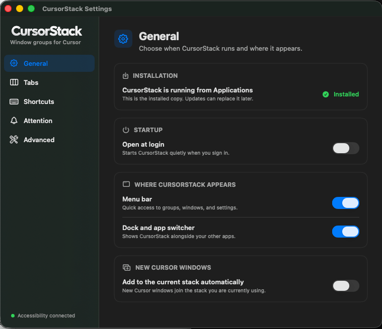 CursorStack General settings