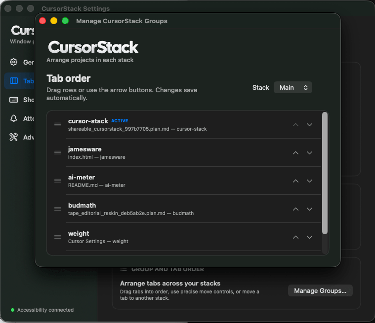 CursorStack Manage Groups window