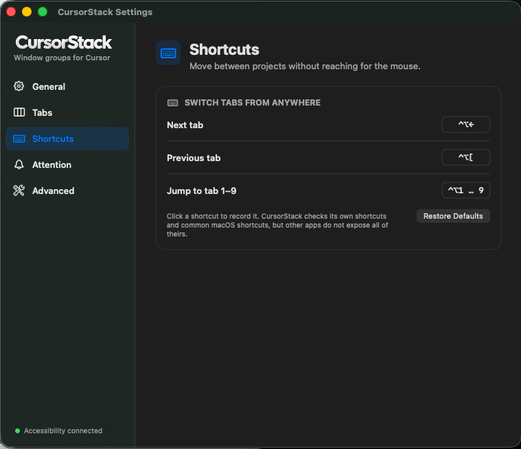 CursorStack Shortcuts settings