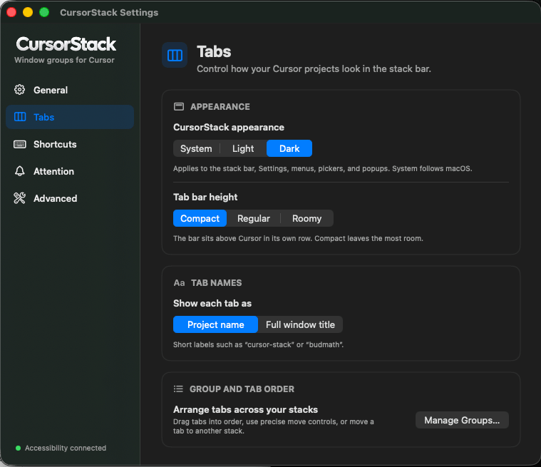 CursorStack Tabs settings