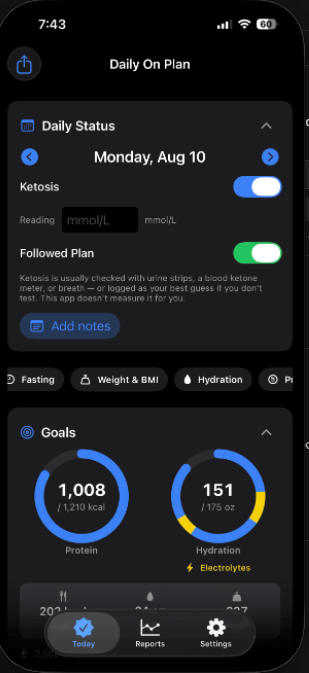 Daily On Plan Today screen with daily status and protein and hydration rings