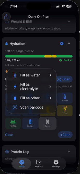 Daily On Plan hydration long-press drink menu