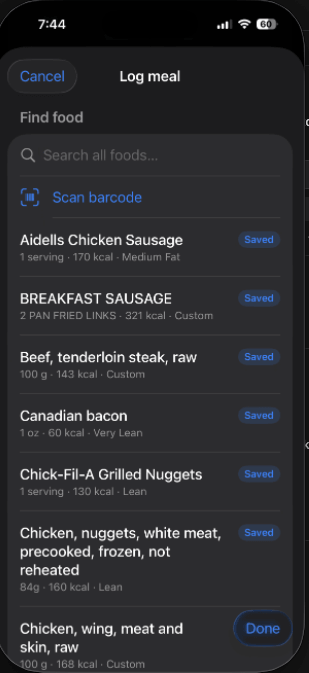 Daily On Plan log meal food search