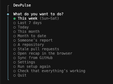 DevPulse terminal menu: this week, person, repo, sync, settings