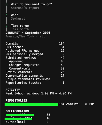 DevPulse CLI person report for Jewhurst this month