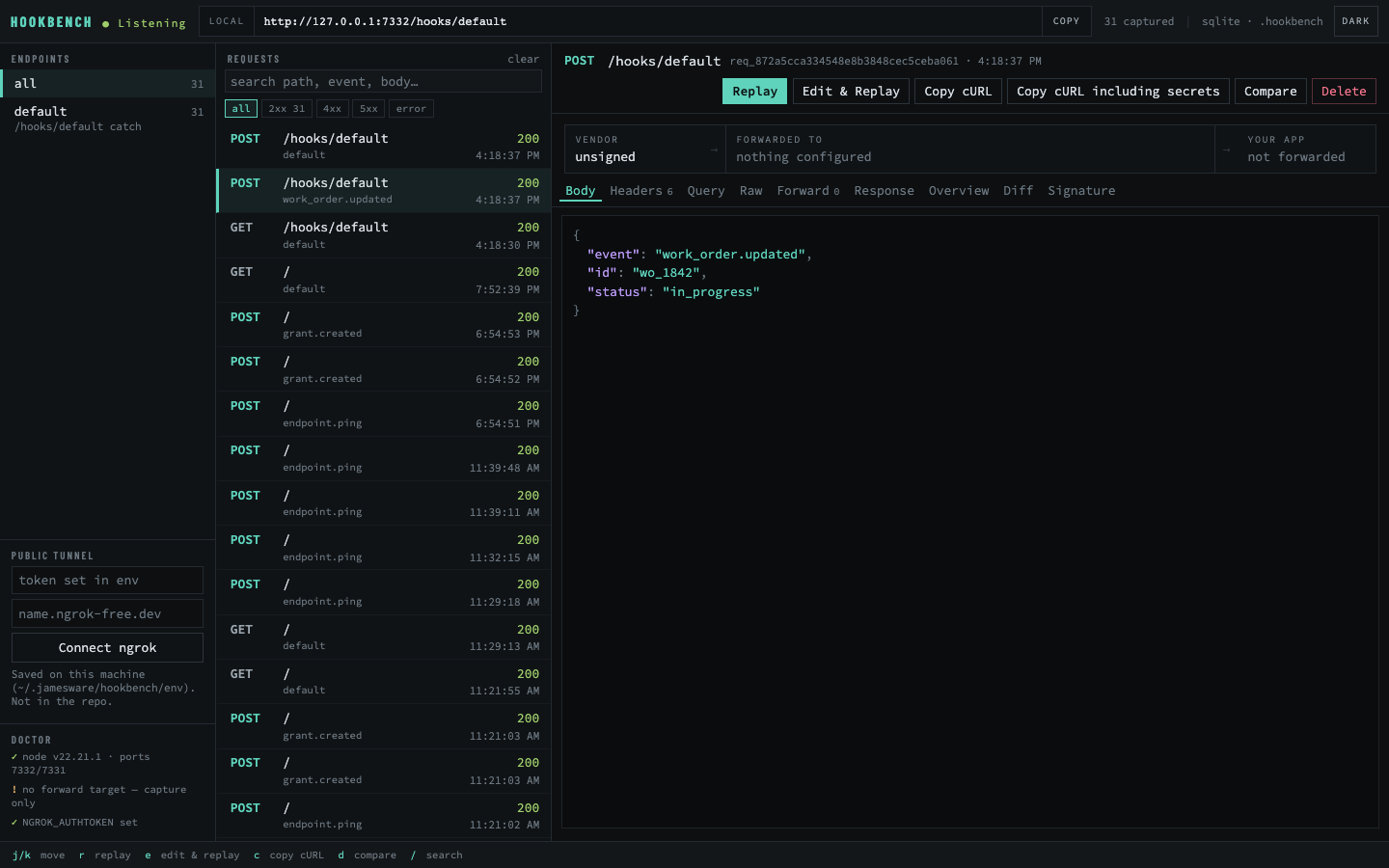 HookBench dashboard showing captured webhooks, a selected POST, and the JSON body